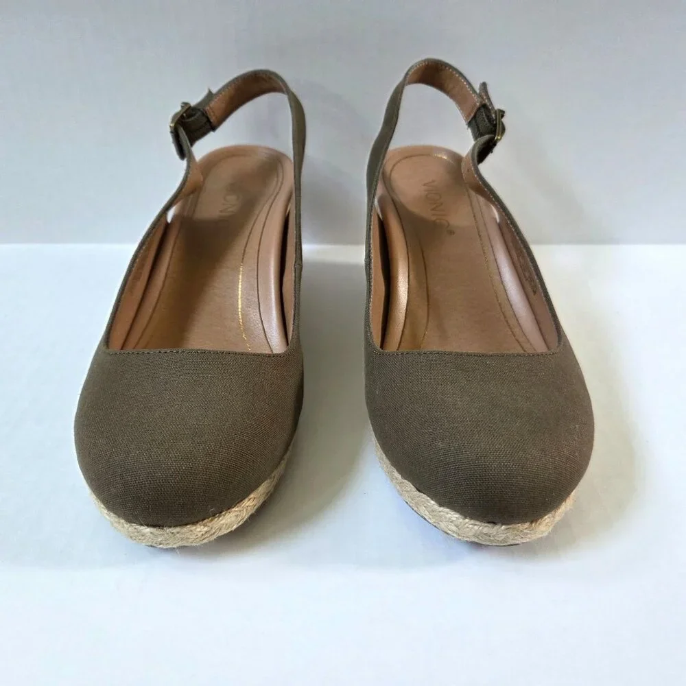 Vionic Coralina Espadrille Wedges Size 9.5 Olive Green Slingback Preppy Sandals